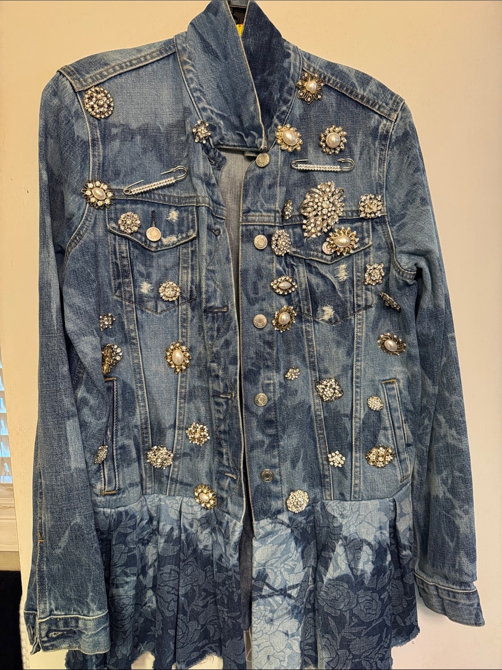 GAP Blue Denim Jacket with Pearl and Crystal Brooches